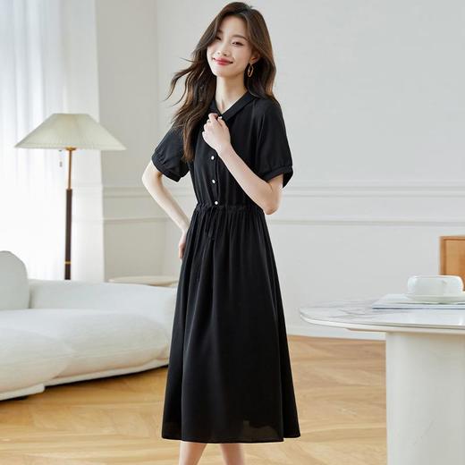 法式衬衫连衣裙女短袖2024夏新款赫本风黑色收腰显瘦气质雪纺长裙 商品图1