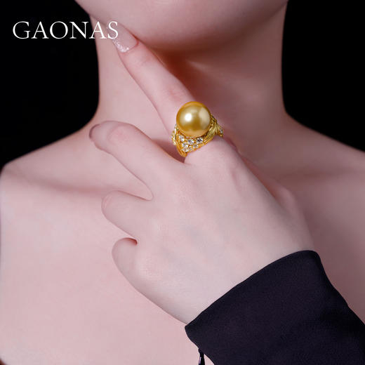 GAONAS 925银仿珍珠戒指 金珠高定设计重磅豪镶叶片戒指 10312JGO 商品图4