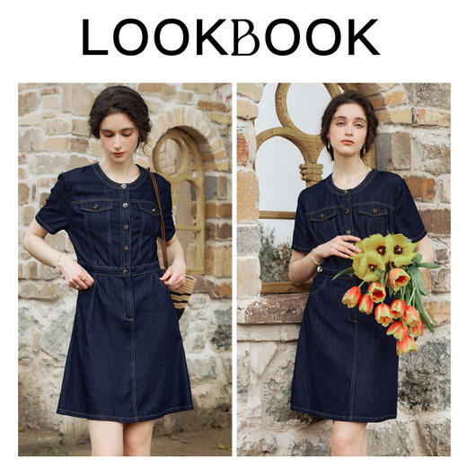 OLrain欧芮儿法式复古牛仔连衣裙女夏2024新款气质独特圆领A字短裙薄款 商品图4