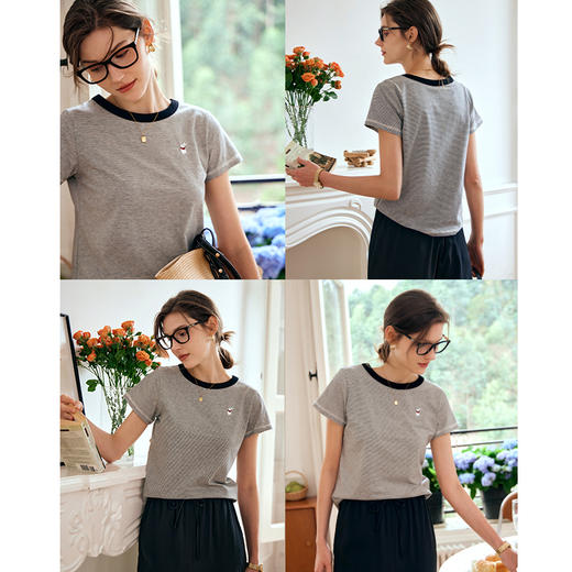 OLrain欧芮儿条纹T恤女夏季2024年新款百搭宽松圆领刺绣短袖上衣 商品图3