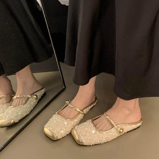 【新款小香风法式亮片包头半拖鞋】夏季新款气质玛丽珍半拖鞋，温柔包头半拖鞋，小香风气质玛丽珍单鞋女平底鞋QQ 商品图0