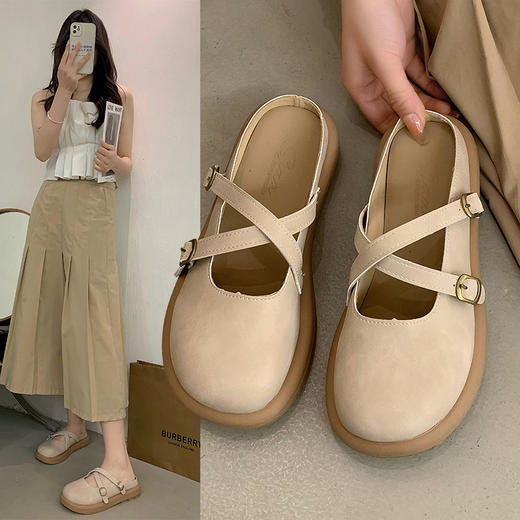 【法式超火网红勃肯低帮包头拖鞋】2025春季新款温柔圆头半拖女鞋，橡胶舒适平底学院风百搭，博肯鞋懒包头拖鞋玛丽珍单拖鞋QQ 商品图0