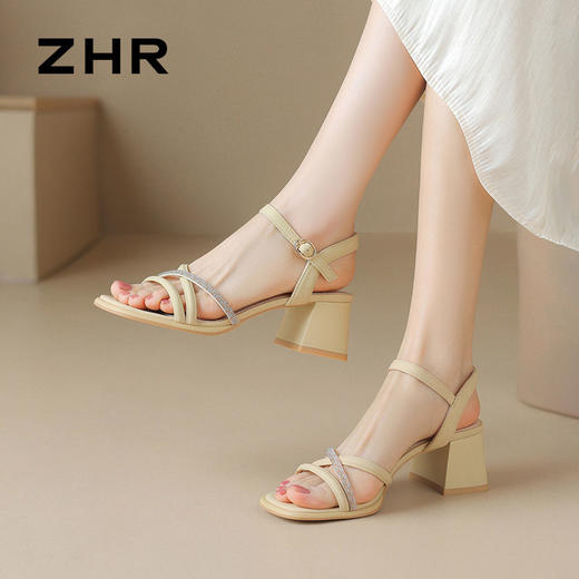 ZHR则则法式一字带粗跟凉鞋2024新款时尚百搭仙女气质女鞋ins简约 商品图7