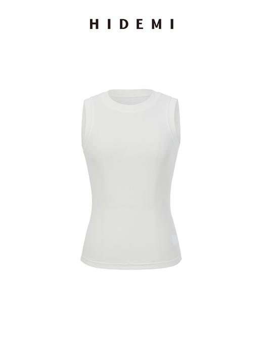 HIDEMI 【董生活同款】超显瘦小圆领收身弹力坑条针织短款背心 豆沙灰绿/炭灰蓝黑/白色 商品图1