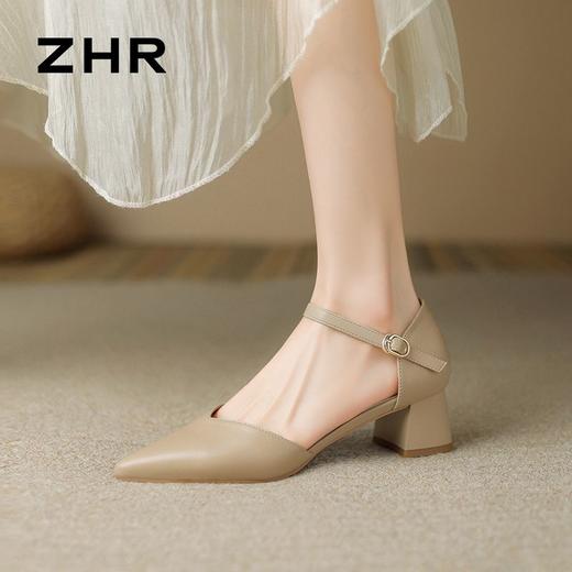 ZHR则则尖头气质凉鞋2024新款百搭时尚包头凉鞋粗跟一字法式女鞋 商品图9