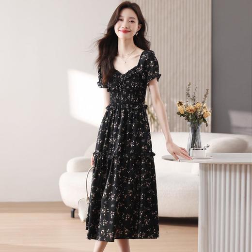 度假旅游气质连衣裙2024夏季新款显瘦温柔v领碎花小黑裙中长裙子 商品图3