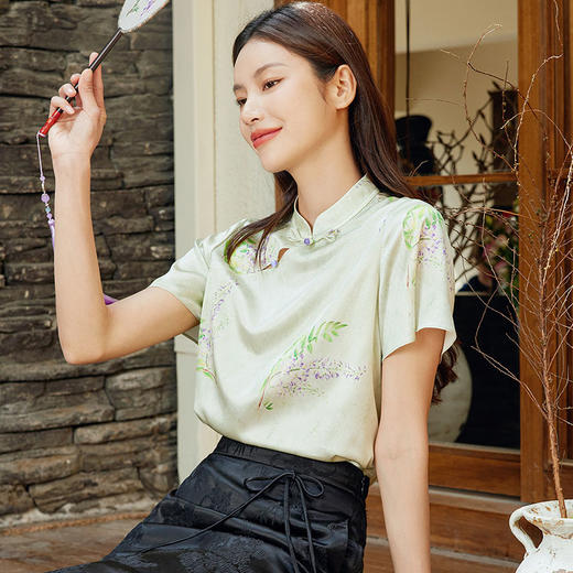 玳莎中式立领真丝小衫女2024夏季新款盘扣设计感小众优雅印花上衣  EB31101 商品图1