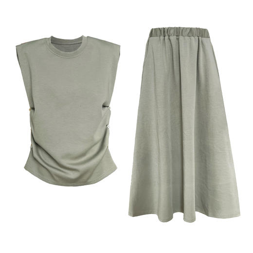 【基础款】两件套 无袖背心套装夏季遮肉小飞袖收腰T恤上衣+半身裙两件套 商品图4