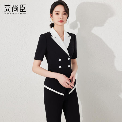 艾尚臣黑色职业西装套装高级感教师前台OL修身正装西服技师两件套 商品图0