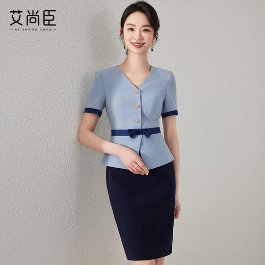 2024新款蓝色连衣裙女时尚假两件西装裙职业装职场通勤工作服裙子 商品图0