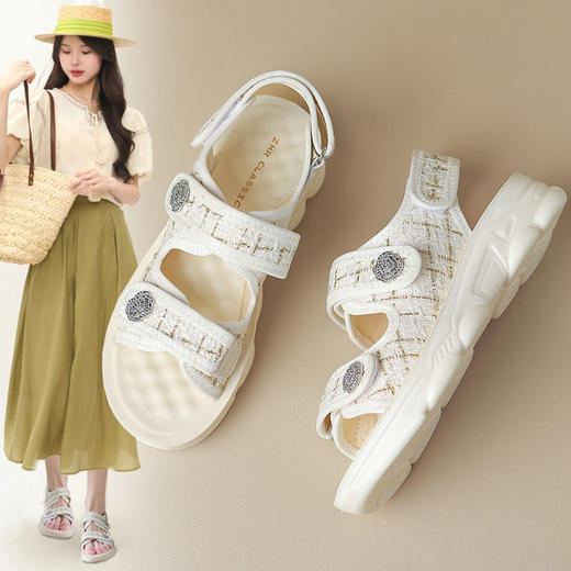 ZHR则则小香风凉鞋女厚底魔术贴运动凉鞋2024新款时尚外穿沙滩鞋 商品图0