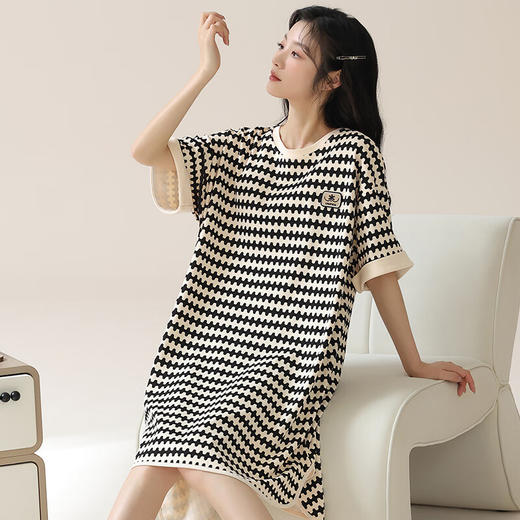可人儿夏季纯棉睡衣女夏天薄款全棉休闲格子睡裙少女家居服连衣裙 商品图3