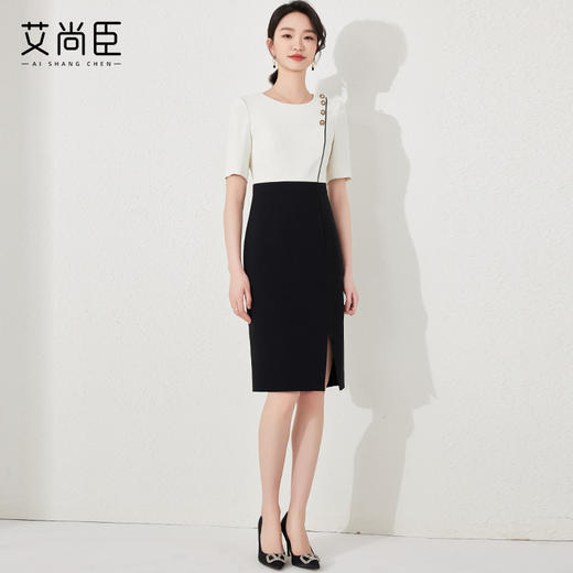 艾尚臣夏季短袖连衣裙女时尚气质假两件职业裙修身显瘦通勤裙子夏 商品图3
