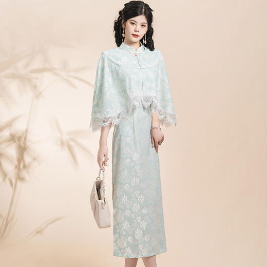 蓝色小清新旗袍，气质少女披肩套装改良KK0801 商品图1