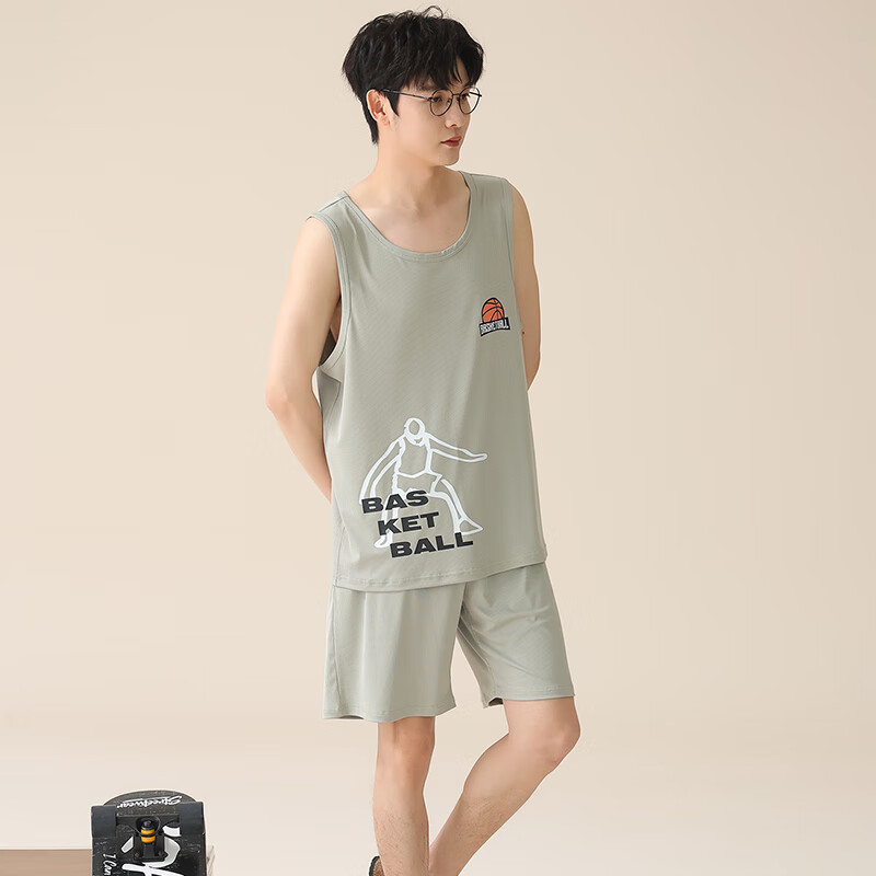 可人儿夏季男士冰丝螺纹棉睡衣休闲无袖男款背心短裤家居服套装薄