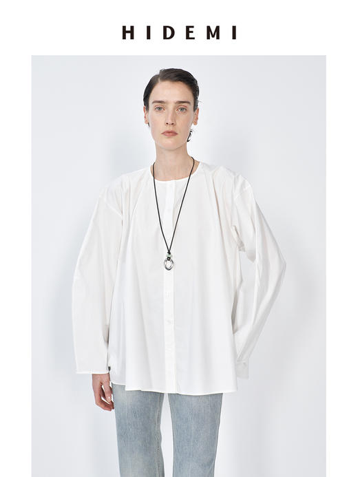 HIDEMI 白色极简廓形宽松圆领大摆设计感镂空袖衬衫上衣 商品图0