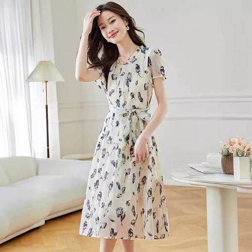 女神范印花真丝雪纺连衣裙女2024夏季新款减龄宽松气质短袖长裙子 商品图3