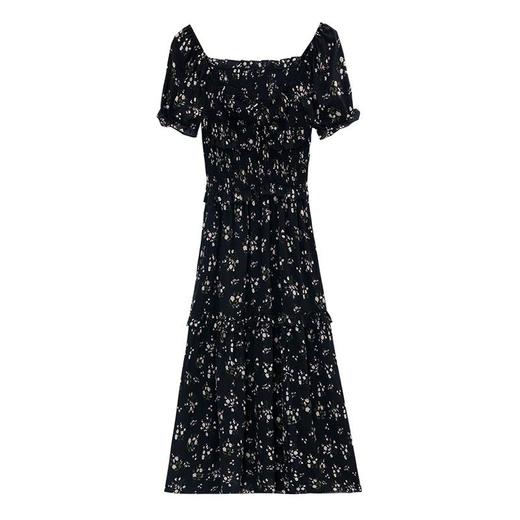 度假旅游气质连衣裙2024夏季新款显瘦温柔v领碎花小黑裙中长裙子 商品图4