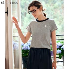 OLrain欧芮儿条纹T恤女夏季2024年新款百搭宽松圆领刺绣短袖上衣
