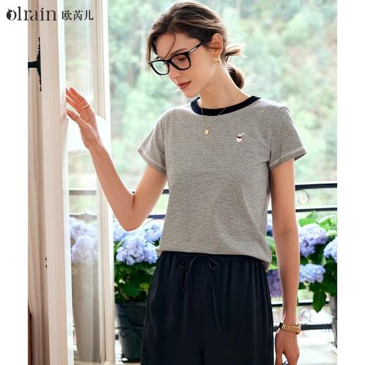 OLrain欧芮儿条纹T恤女夏季2024年新款百搭宽松圆领刺绣短袖上衣 商品图0