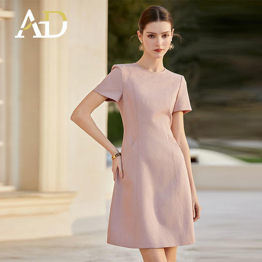 粉色短袖连衣裙女夏季新品优雅通勤小个子复古气质修身显瘦A字裙 商品图3