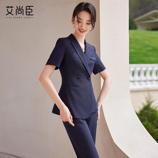 藏青色西装套装女销售白领休闲夏季2024年新款短袖教师女装两件套 商品图1