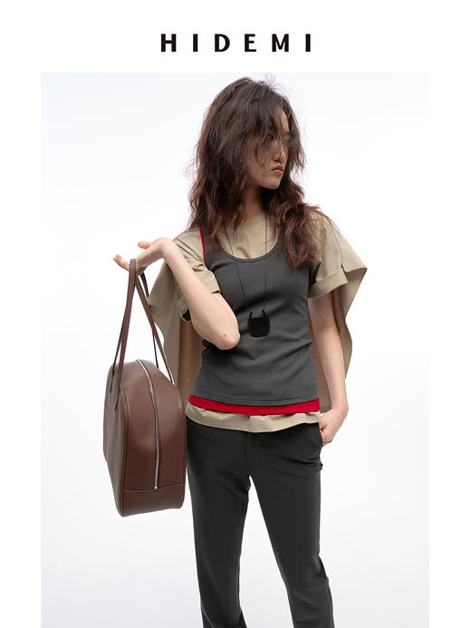 HIDEMI 小飞侠系列极简丝巾堆叠感多穿式水洗棉短袖t恤  燕麦米灰/白色/黑色 商品图1