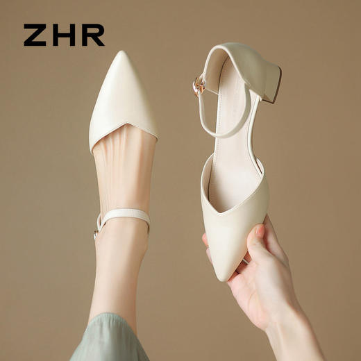 ZHR则则尖头气质凉鞋2024新款百搭时尚包头凉鞋粗跟一字法式女鞋 商品图6