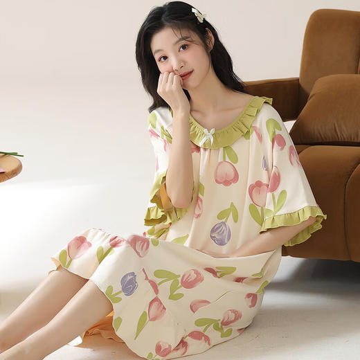 可人儿夏季纯棉新款睡衣女可爱甜美宽松睡裙夏天薄款家居服连衣裙 商品图3