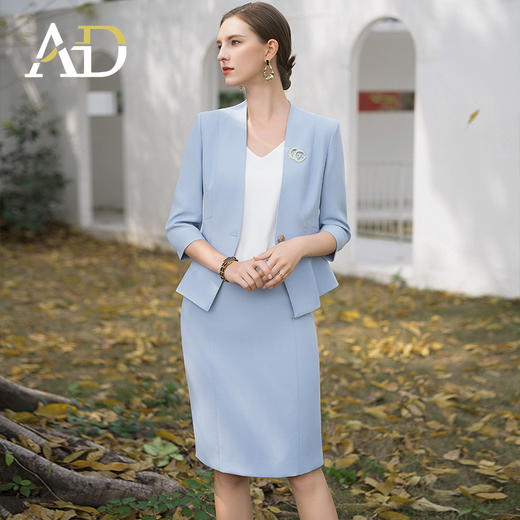 AD医美前台工作装2024新款职业装气质一粒扣中袖外套蓝色西装套装 商品图3