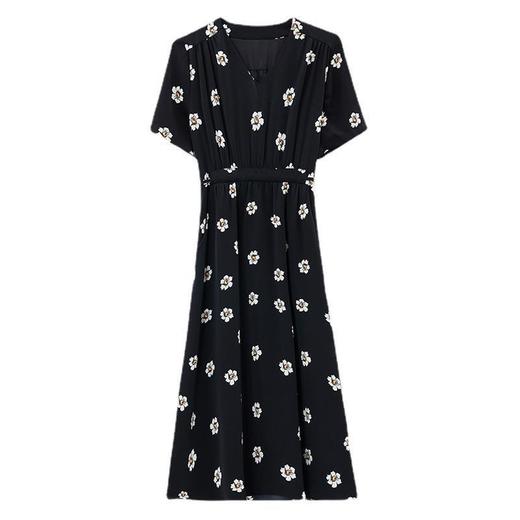 连衣裙女夏2024新款韩版过膝中长款系带收腰V领短袖气质印花裙子 商品图4