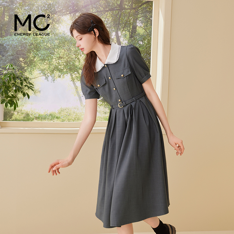 mc2撞色翻领腰身压褶长款连衣裙女装2024夏季新款时尚复古休闲风