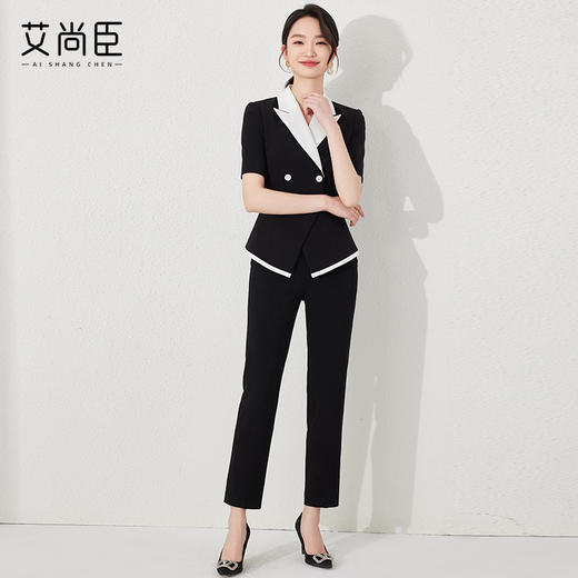 艾尚臣黑色职业西装套装高级感教师前台OL修身正装西服技师两件套 商品图2
