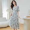 连衣裙女夏季2024新款气质中长款短袖V领雪纺碎花荷叶袖大摆长裙 商品缩略图1