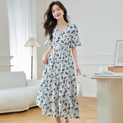 连衣裙女夏季2024新款气质中长款短袖V领雪纺碎花荷叶袖大摆长裙 商品图1