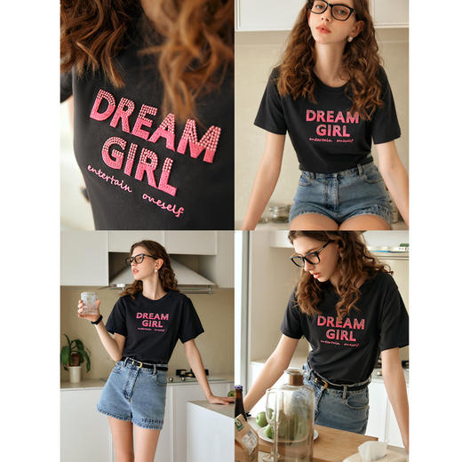 OLrain欧芮儿黑灰色T恤女夏季2024年新款美式复古百搭印花短袖 商品图2