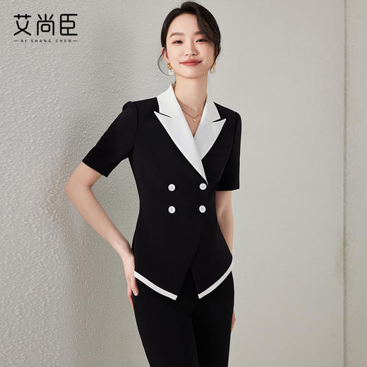 艾尚臣黑色职业西装套装高级感教师前台OL修身正装西服技师两件套 商品图1