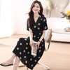 连衣裙女夏2024新款韩版过膝中长款系带收腰V领短袖气质印花裙子 商品缩略图2