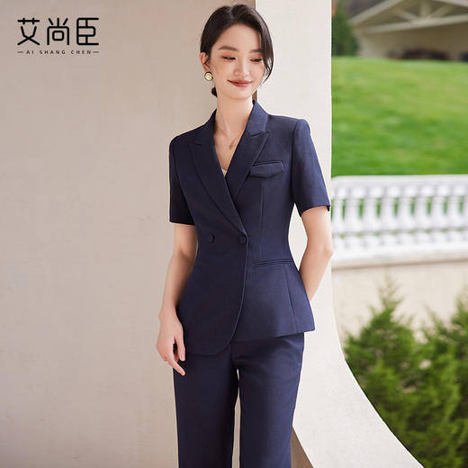 藏青色西装套装女销售白领休闲夏季2024年新款短袖教师女装两件套 商品图0
