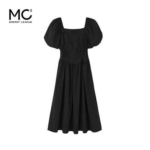 mc2法式方领收腰显瘦连衣裙女2024夏季新款泡泡袖盘扣设计感黑色 商品图4