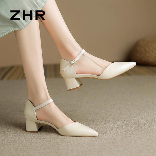 ZHR则则尖头气质凉鞋2024新款百搭时尚包头凉鞋粗跟一字法式女鞋 商品图4