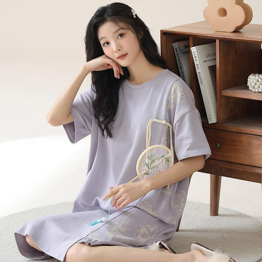 可人儿夏季纯棉睡衣女新中式带胸垫睡裙夏天全棉学生家居服连衣裙 商品图3