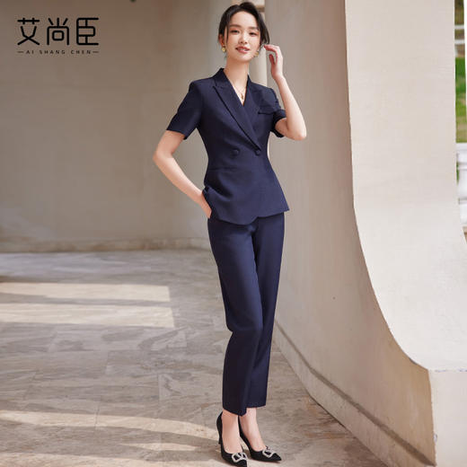 藏青色西装套装女销售白领休闲夏季2024年新款短袖教师女装两件套 商品图2