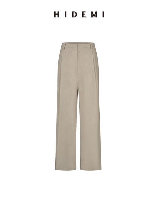 HIDEMI 【董生活同款】极简细条纹压褶设计感宽松阔腿中低腰西裤长裤 藏蓝色/燕麦色 商品图13