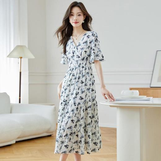 连衣裙女夏季2024新款气质中长款短袖V领雪纺碎花荷叶袖大摆长裙 商品图2