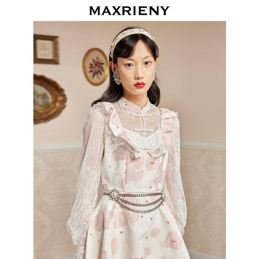 MAXRIENY新中式立领A字裙秋蕾丝提花连衣裙重工(货号:MC87DR569) 商品图3