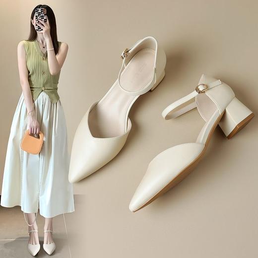 ZHR则则尖头气质凉鞋2024新款百搭时尚包头凉鞋粗跟一字法式女鞋 商品图0