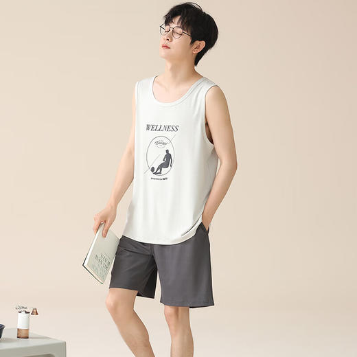可人儿夏季男士冰丝螺纹棉睡衣休闲无袖男款背心短裤家居服套装薄 商品图6