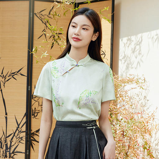 玳莎中式立领真丝小衫女2024夏季新款盘扣设计感小众优雅印花上衣  EB31101 商品图0