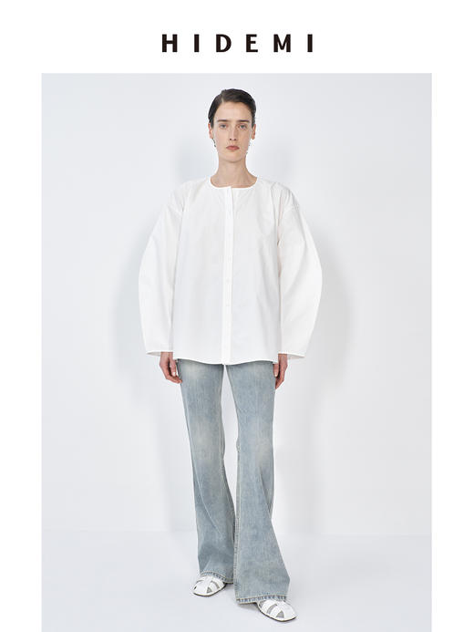 HIDEMI 白色极简廓形宽松圆领大摆设计感镂空袖衬衫上衣 商品图2